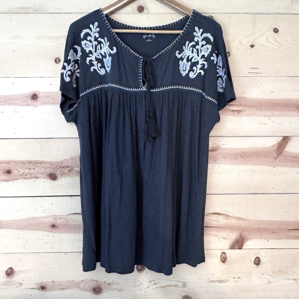 Wonderly Women's Darl Green Embroidered Babydoll Dress Short Sleeve Size L
